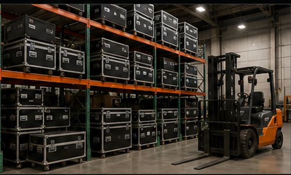 Warehouse with stacked black storage cases and an orange forklift.