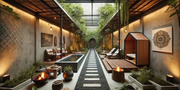 Modern indoor garden with fire pits and seating.