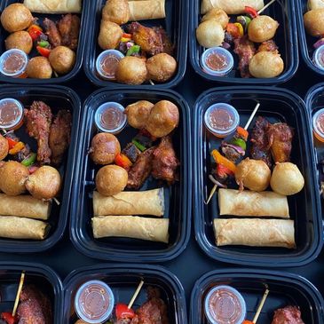Springrolls, Puff puff, Mosa, Chicken, Beef kebab and sauce.
