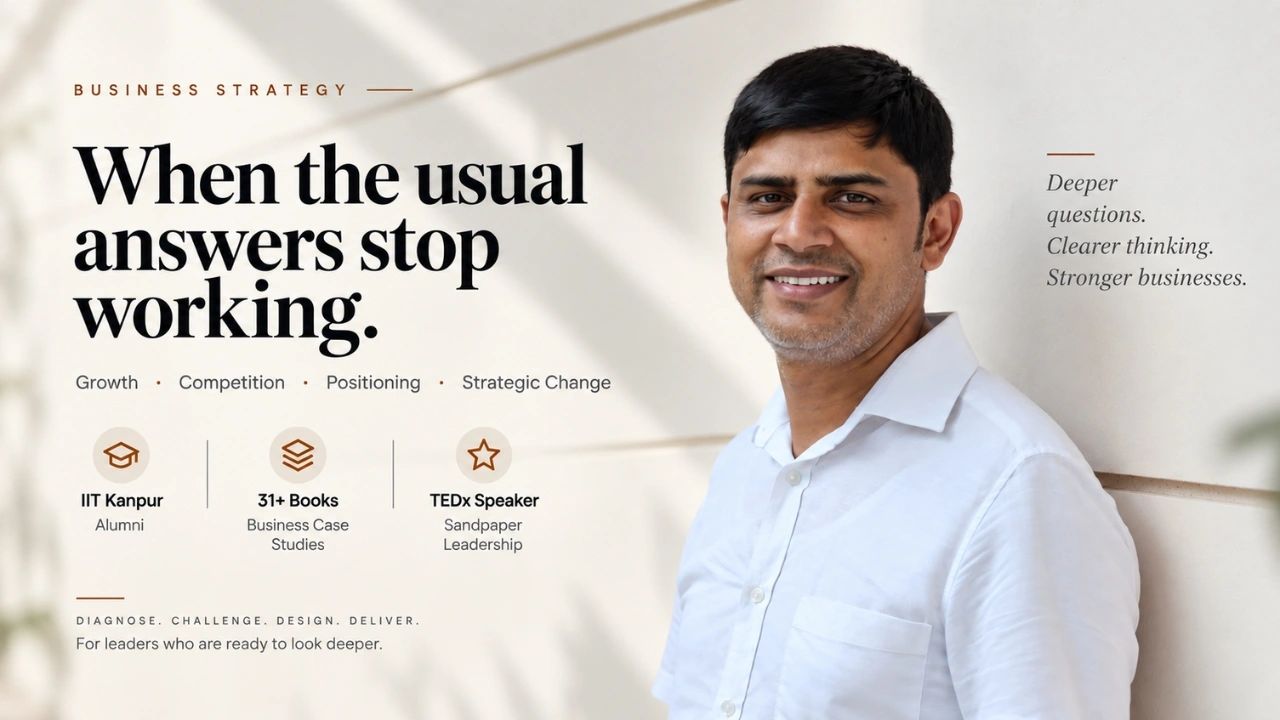 Shah Mohammed, business strategy consultant, IIT Kanpur alumnus, author and TEDx speaker, featured in a business strategy advisory website banner. 