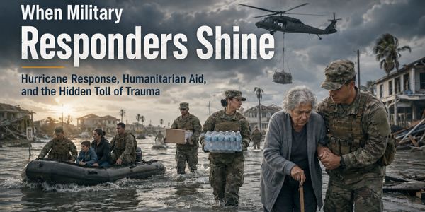 Military personnel assist civilians during hurricane relief efforts with a helicopter in the background.