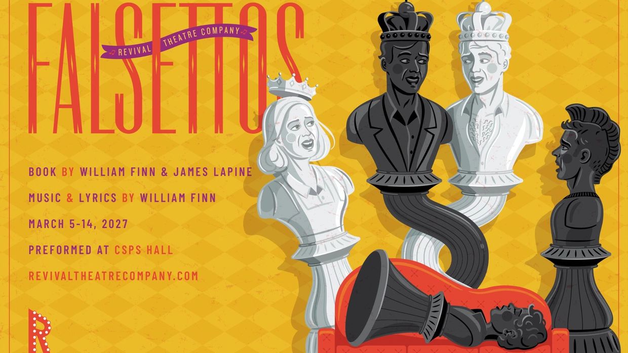 Poster for Falsettos musical with chess piece characters.