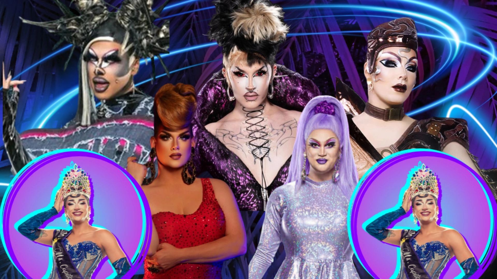 A group of drag queens in colorful, extravagant costumes and makeup.