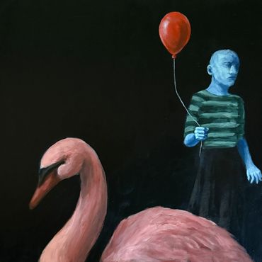 Blue-skinned figure with striped shirt holds red balloon near large pink flamingo.