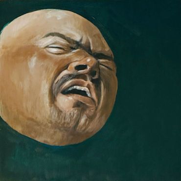 Close-up painting of a man's emotional face against a dark background.