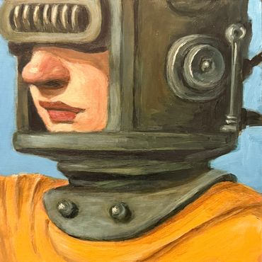 Painting of a person wearing a vintage robot helmet and yellow garment.
