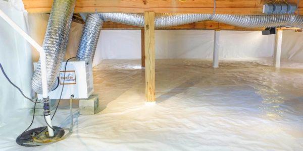 A clean, encapsulated crawl space with ventilation ducts and a sump pump system.