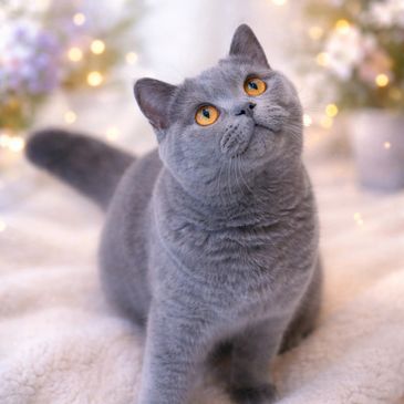 A gray British Shorthair cat with bright amber eyes looking up.