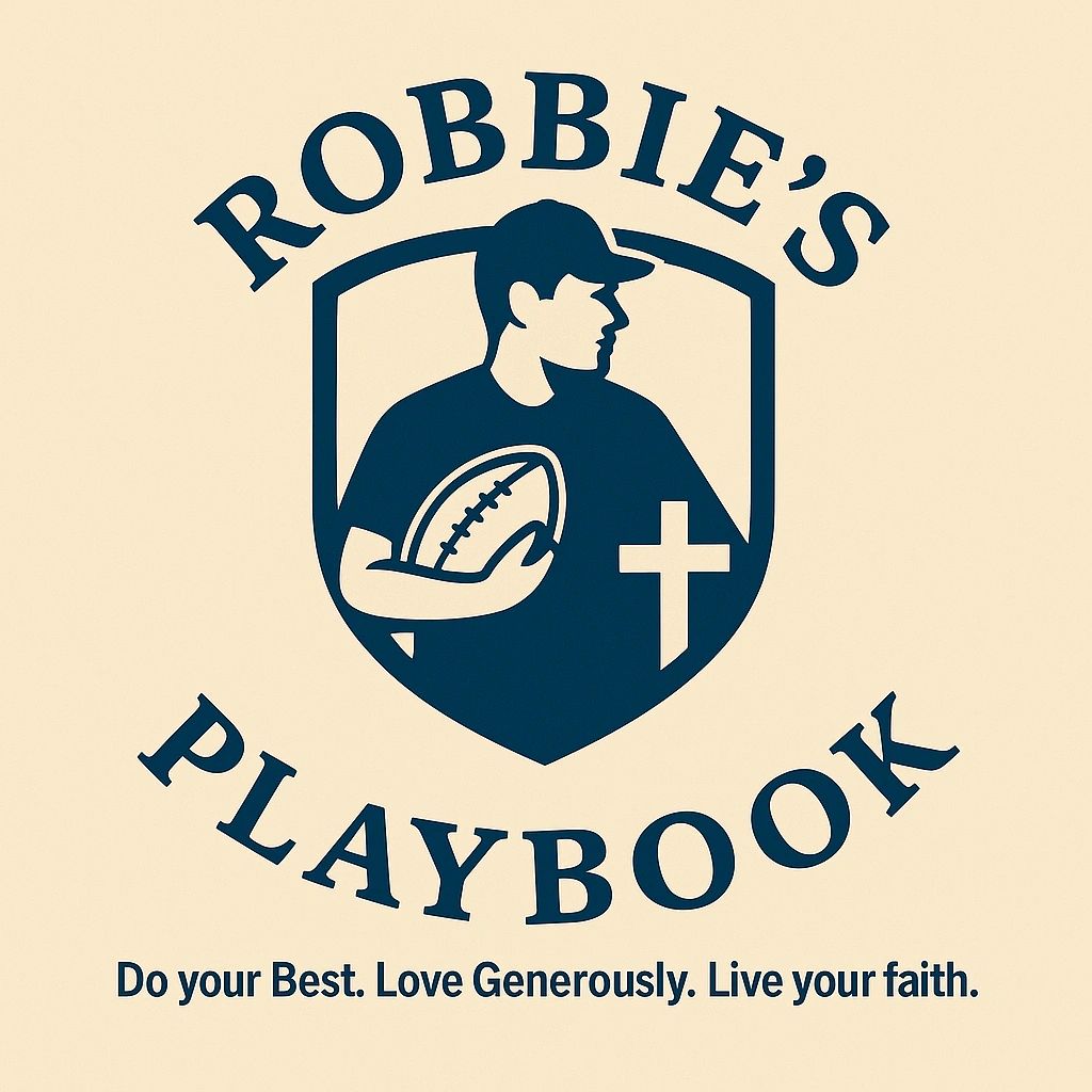 Logo with a boy holding a football and a cross, titled 'Robbie's Playbook'.