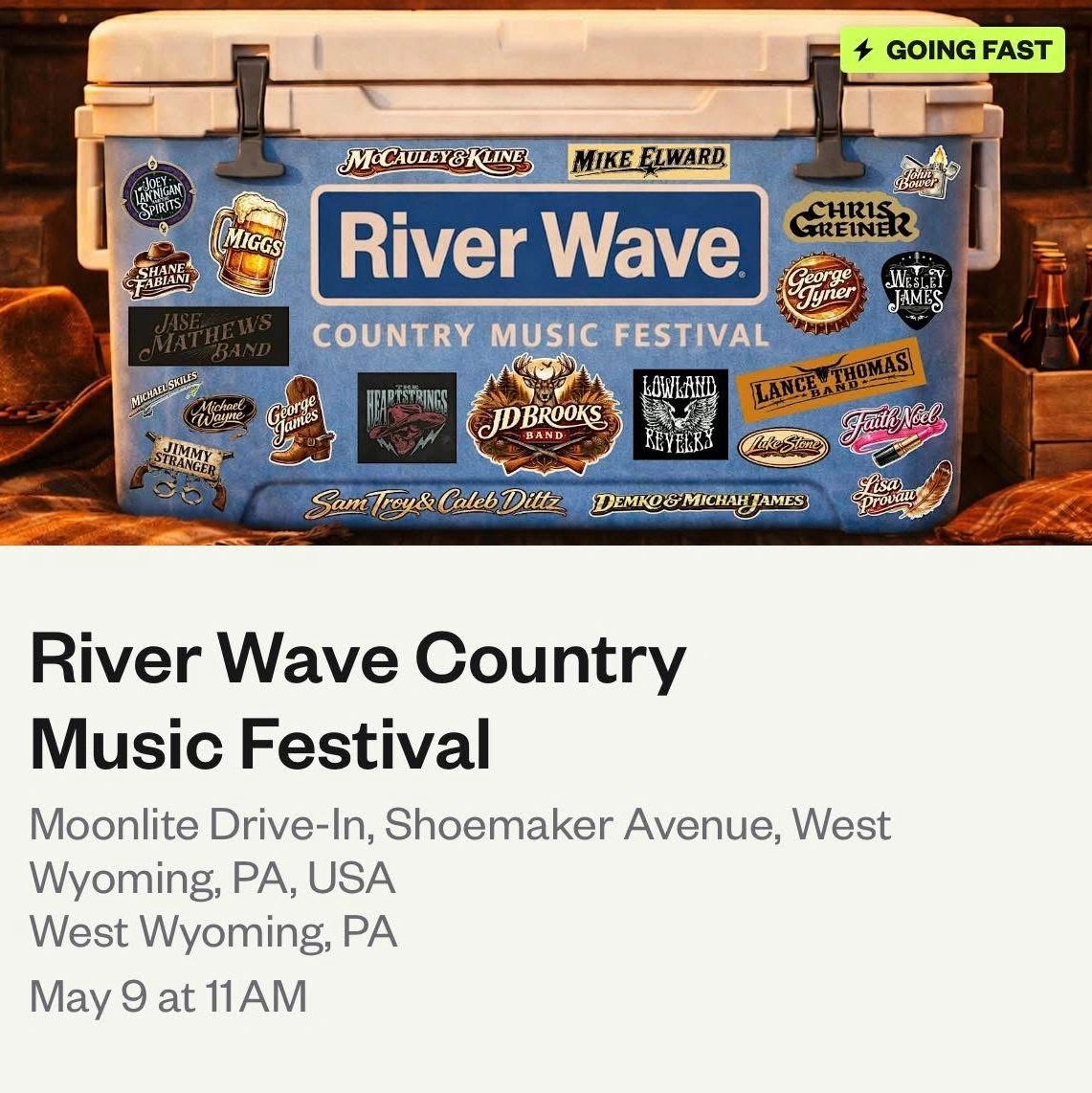 River Wave Country Music Festival cooler with artist stickers.