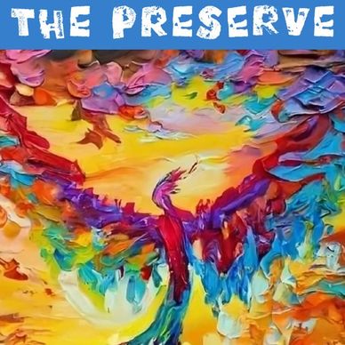 Colorful abstract painting of a bird with outstretched wings under the title 'THE PRESERVE'.