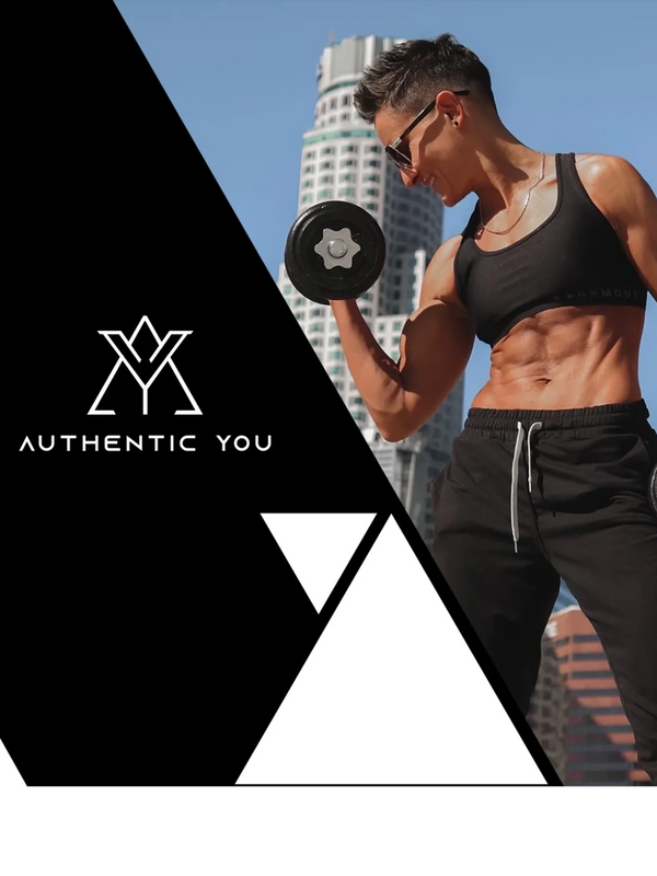 Fit woman lifting dumbbells outdoors with Authentic You logo.