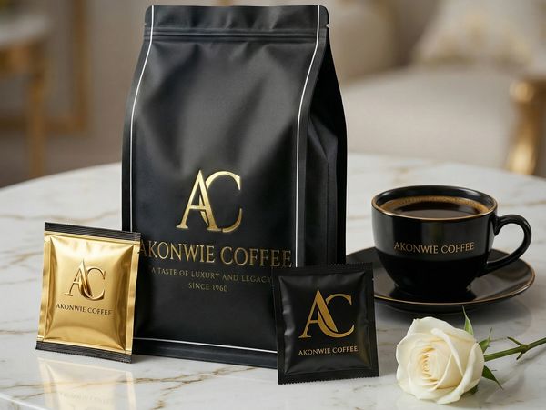 Elegant Akonwie Coffee packaging with a cup and white rose on a marble table.