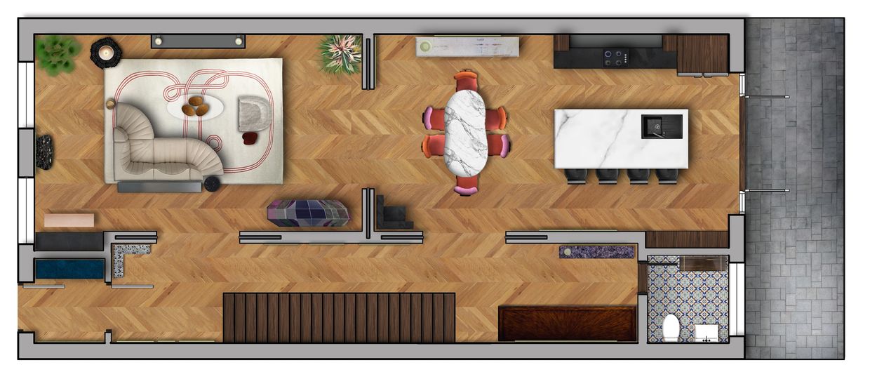 Top-down view of a modern open-plan living, dining, and kitchen area with wooden flooring.