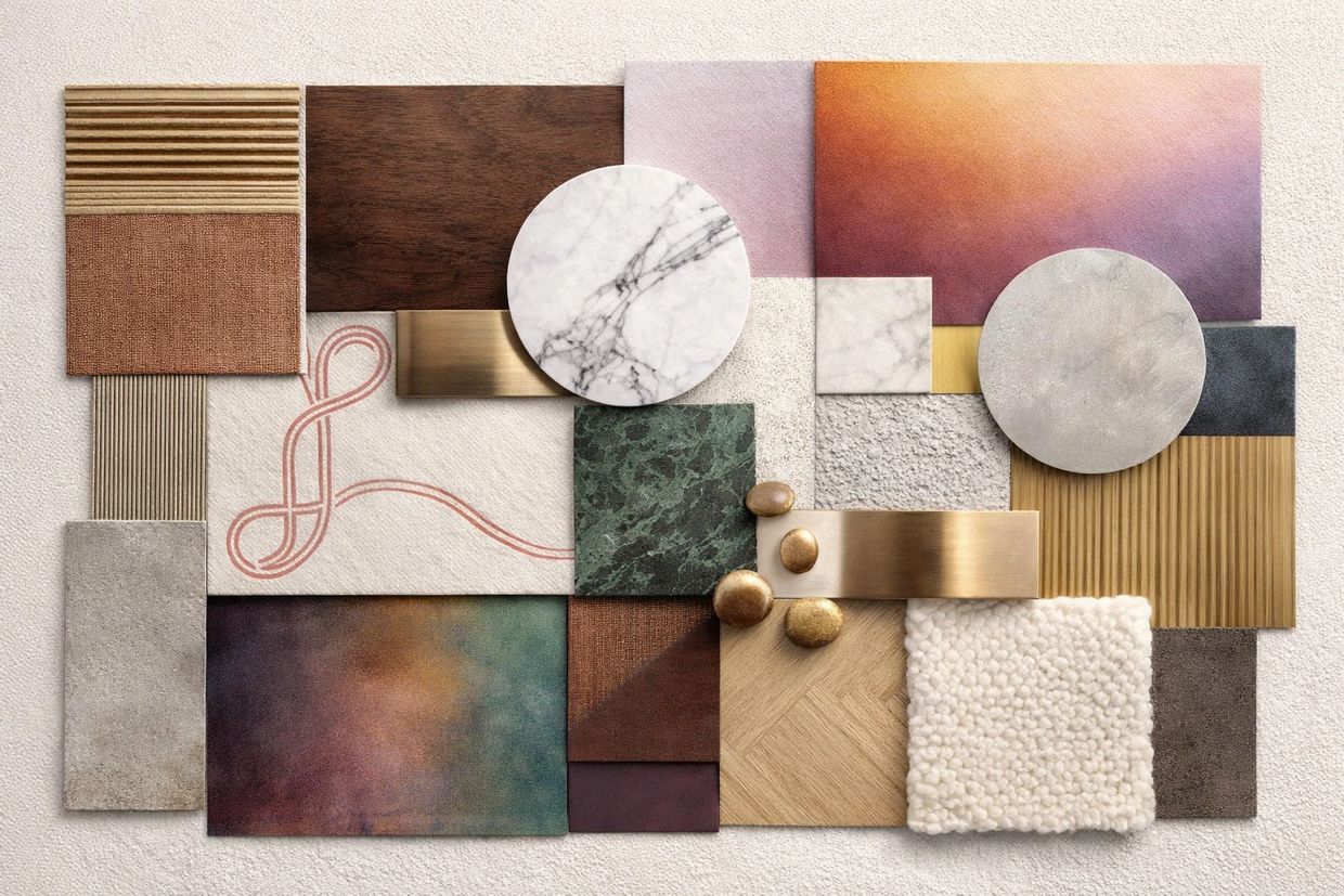 A collection of material and color swatches arranged artistically on a textured surface.