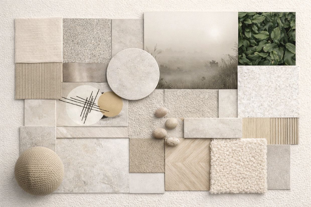 Neutral-toned textures and natural elements arranged in a flat lay.