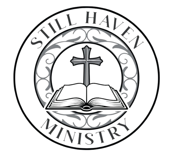 Logo with a cross and open Bible for Still Haven Ministry.