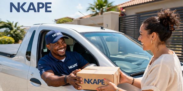 Delivery man handing a package to a smiling woman at her doorstep.