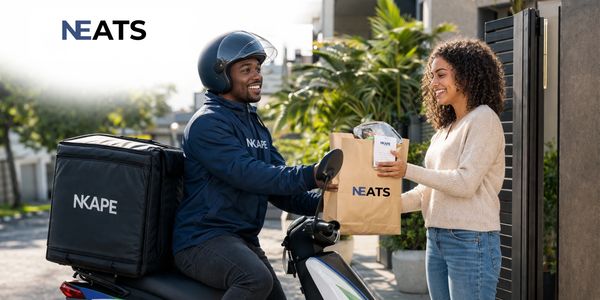 Delivery person hands over a NEATS food bag to a smiling woman.