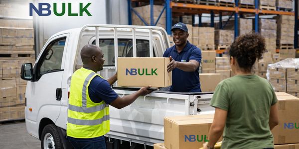Workers loading NBULK boxes onto a white truck in a warehouse.