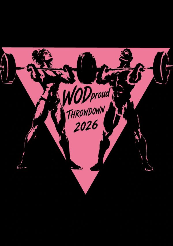 Stylized illustration of two muscular people lifting a barbell with text "WODproud THROW DOWN 2026".
