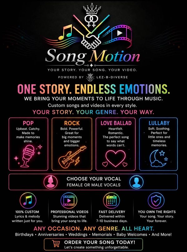Song Motion offers custom songs and videos in various styles for any occasion.