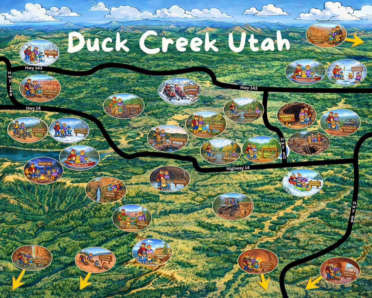 Illustrated map of Duck Creek, Utah, highlighting local attractions and highways with cartoon bear families.