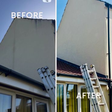 Before and after wall cleaning showing removal of dirt.