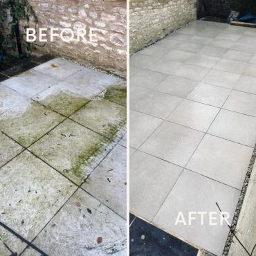 Before and after patio tile cleaning and restoration.