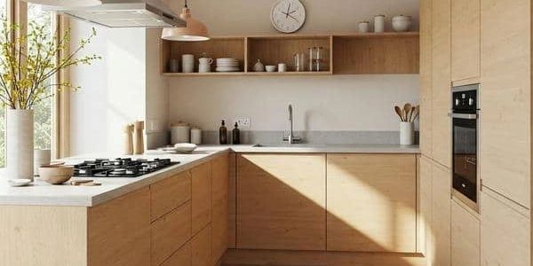 Bright modern kitchen with light wood cabinetry and minimalist design.