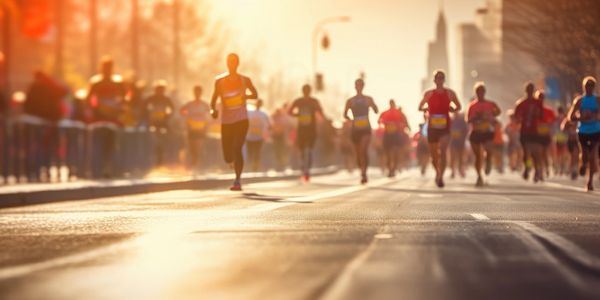 Runners competing in a city marathon during a golden sunset.