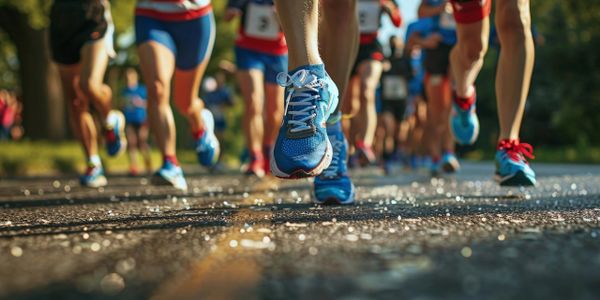 Close-up of runners' feet during a marathon on a sunny day.