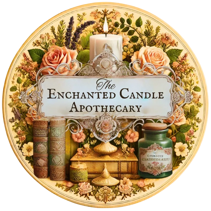 Vintage floral label for The Enchanted Candle Apothecary with books and candle.