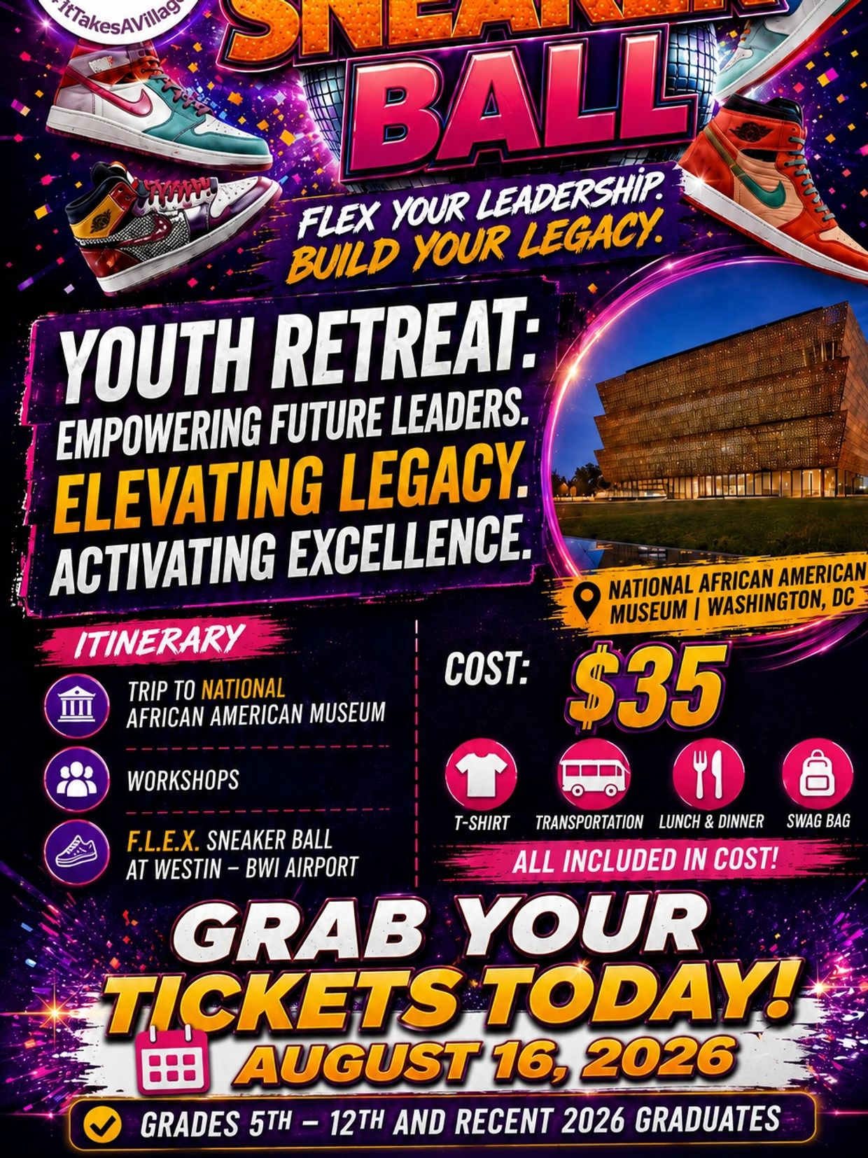 Youth retreat sneaker ball with museum trip, workshops, and fun for $35 on August 16, 2026.