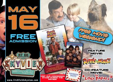 Free movie weekend at Skyview Drive-In on May 16 with 'Dennis the Menace' and 'The Little Rascals'.