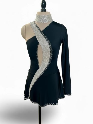 Elegant black and silver figure skating dress with one sleeve and choker.