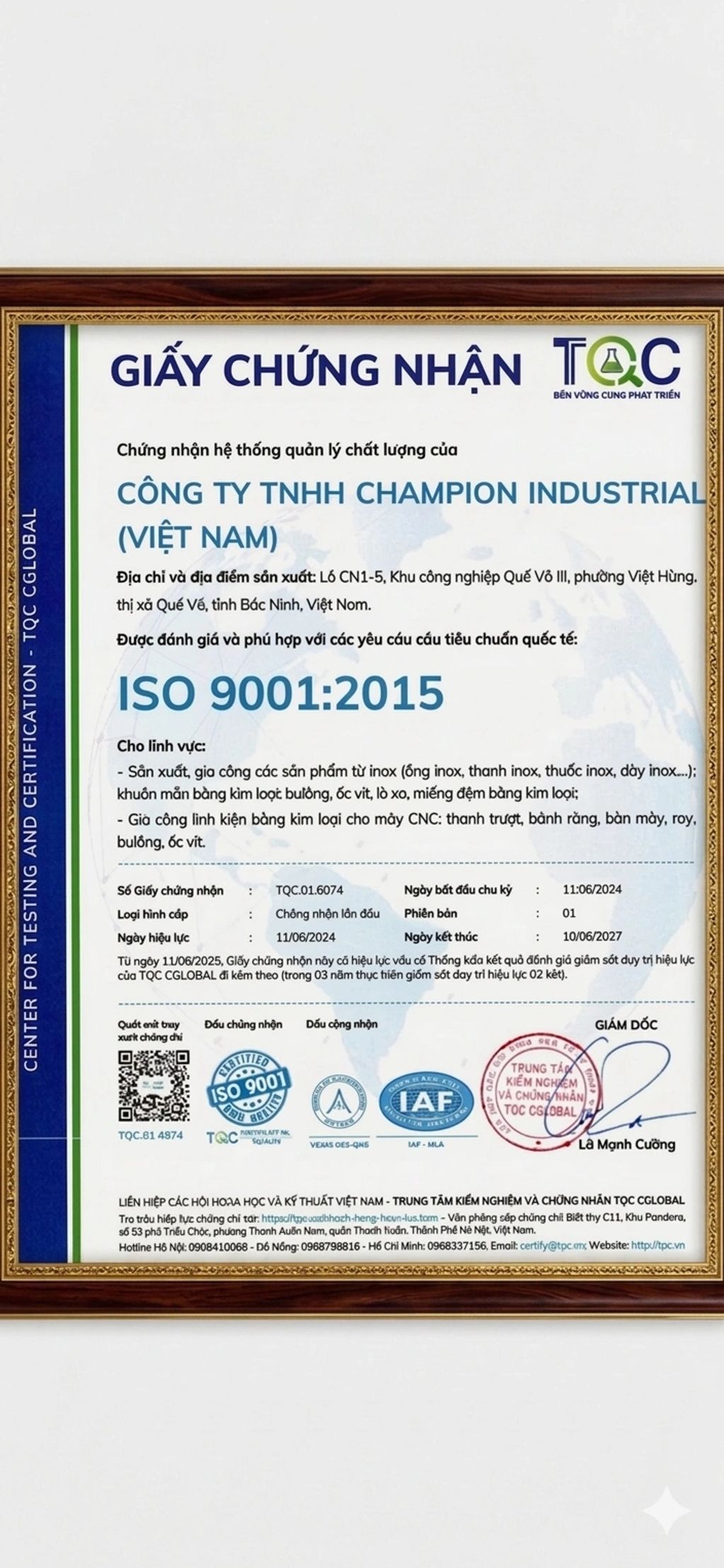 Certificate of ISO 9001:2015 quality management for Champion Industrial Company in Vietnam.