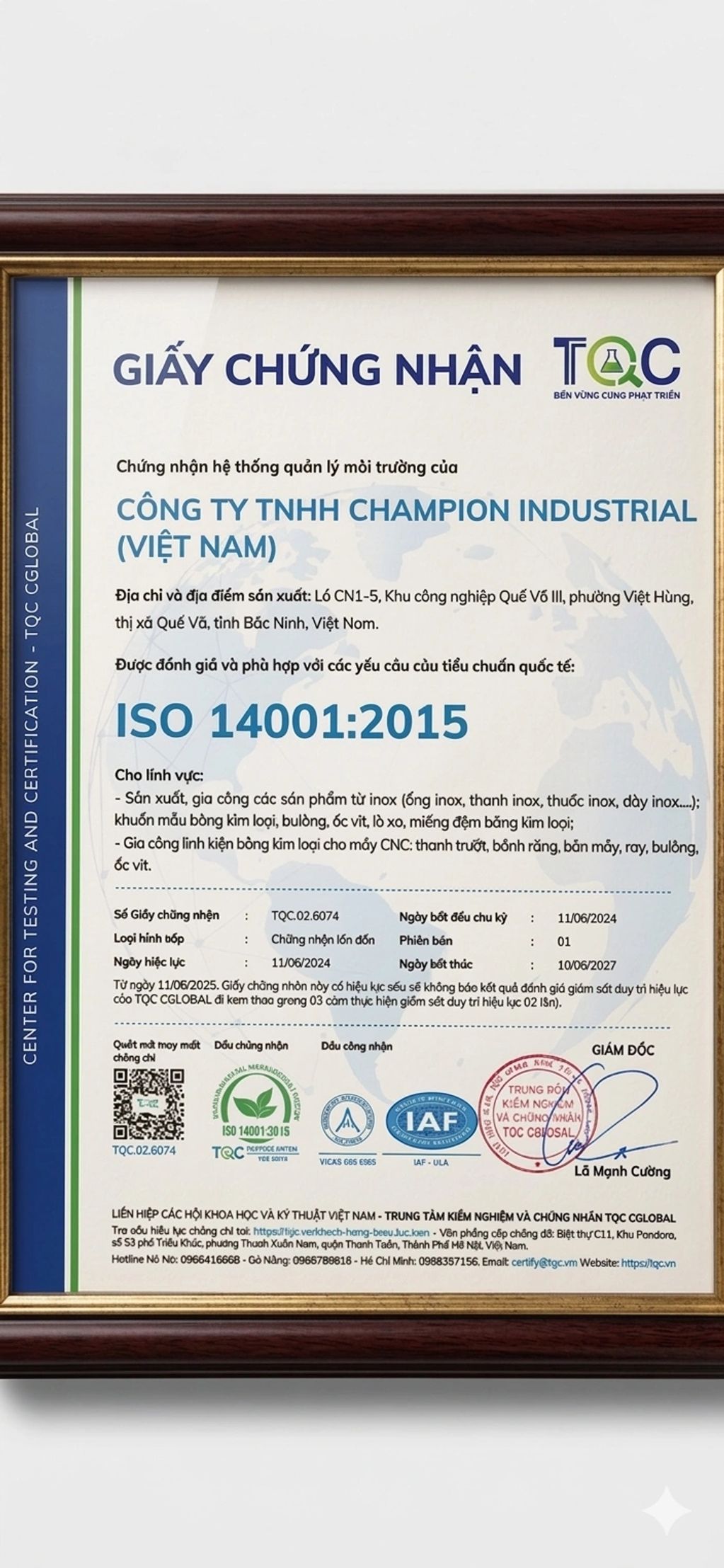 Certificate of ISO 14001:2015 for Champion Industrial Vietnam's environmental management system.
