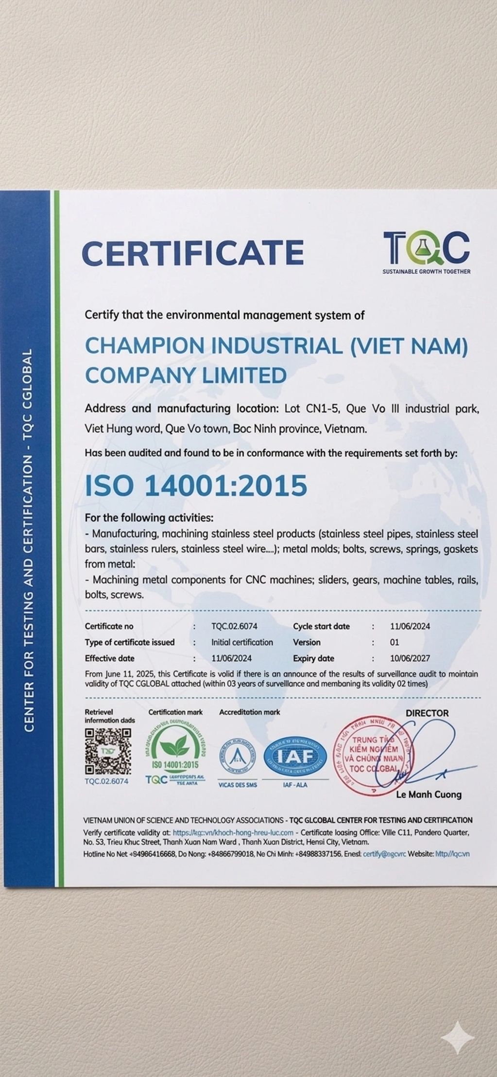 ISO 14001:2015 environmental management certificate for Champion Industrial (Viet Nam) Company Limited.