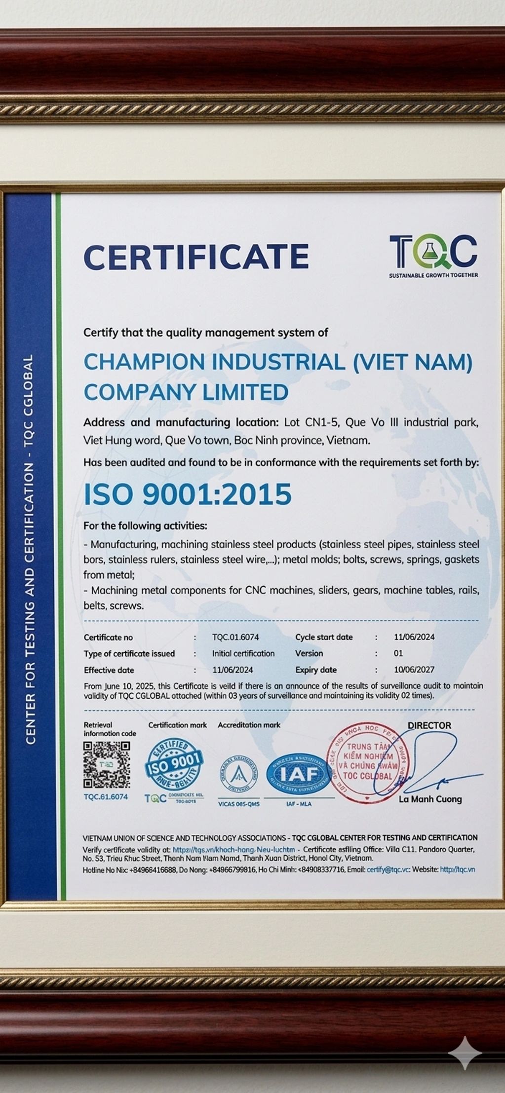 SO 9001:2015 Quality Management Certificate for Champion Industrial (Vietnam) Co., Ltd.