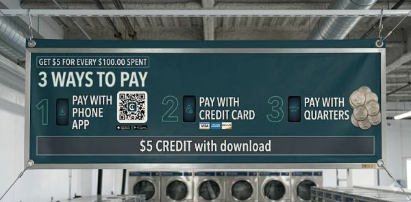 A sign for phone app payments at the laundromat.