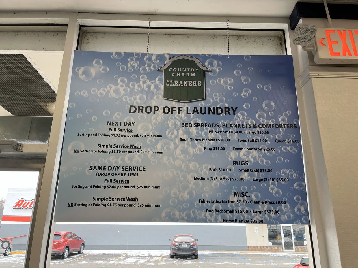 The Drop Off Laundry prices at Country Charm Cleaning Center in Plymouth, Indiana.