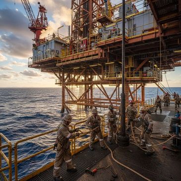 An offshore drilling rig with workers supporting the global energy industry. 
