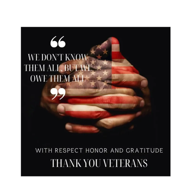 Gratitude for veterans with American flag hands and quote.