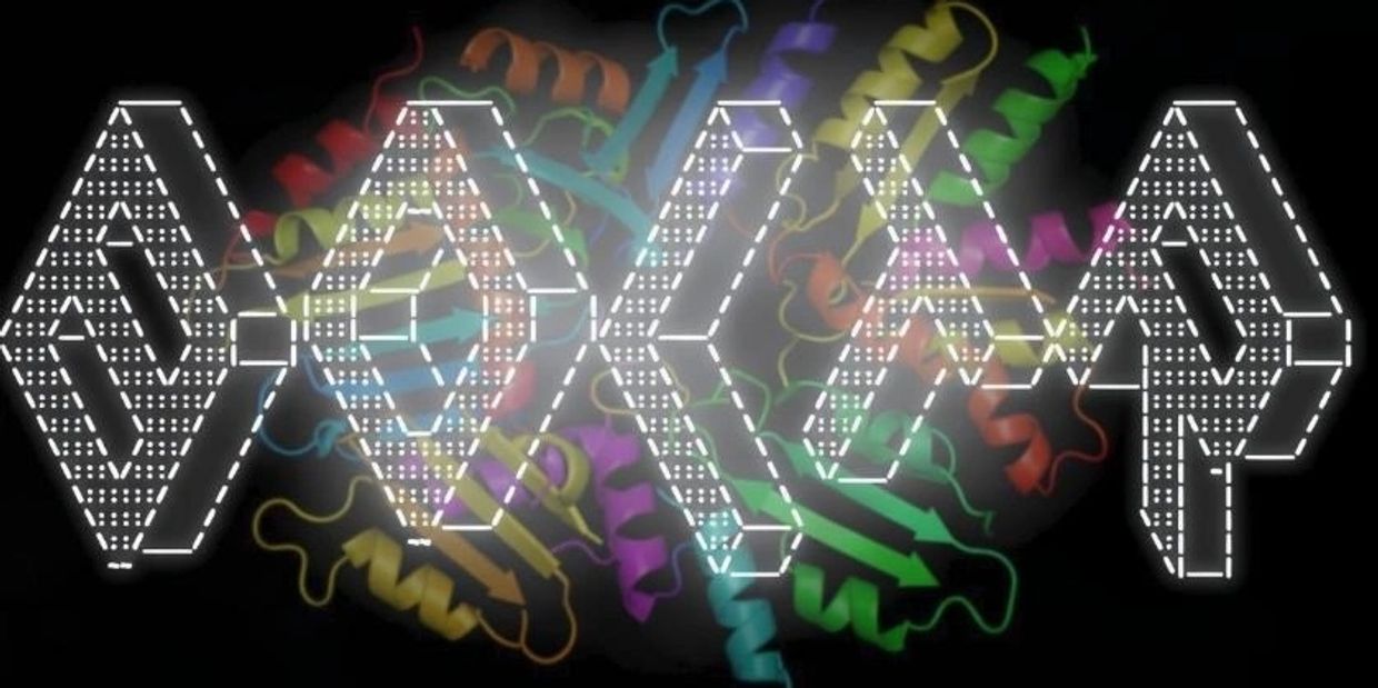 Digital art of a complex molecular structure with ASCII overlay.