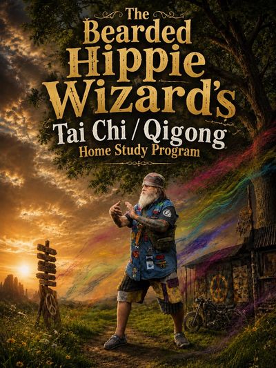 A bearded man practices Tai Chi in a colorful, mystical outdoor setting.