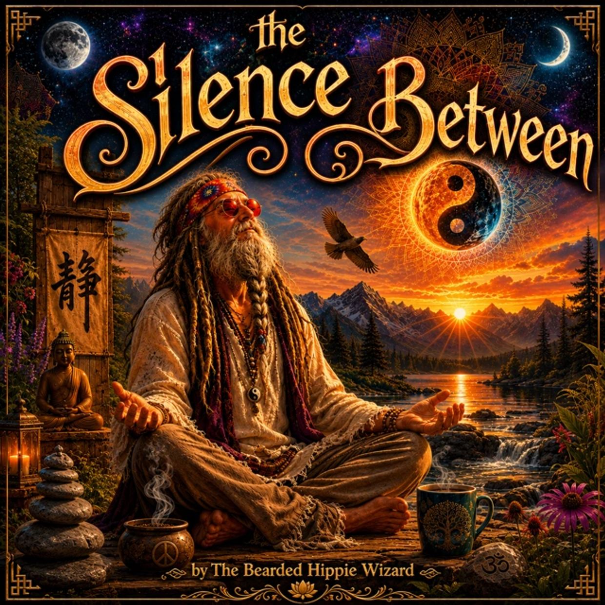 A bearded hippie wizard meditates by a serene mountain lake at sunset.