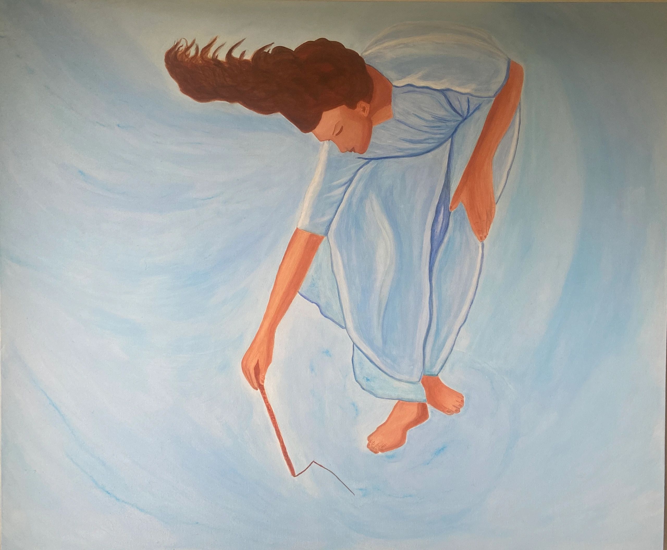 Pintura de una mujer con vestido azul tocando el agua con un palo.