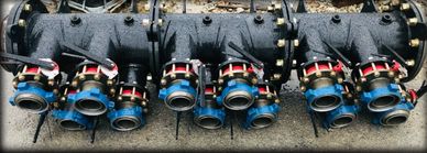 A row of industrial valves with blue flanges and black bodies.