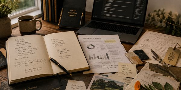 Workspace with notebooks, papers, and a laptop showing productivity setup.